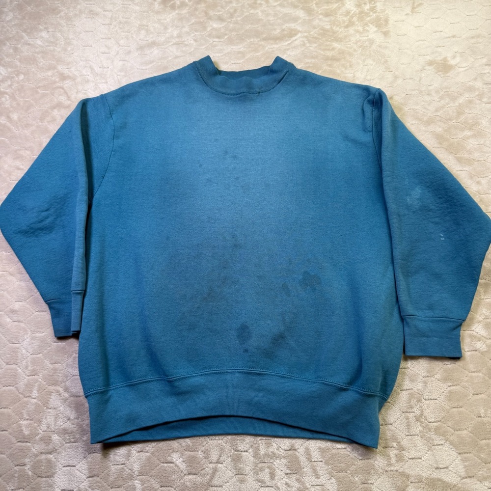 VTG Unbranded Blank Crewneck Sweatshirt Sz L/XL Stained WORN FADED Teal See Pics